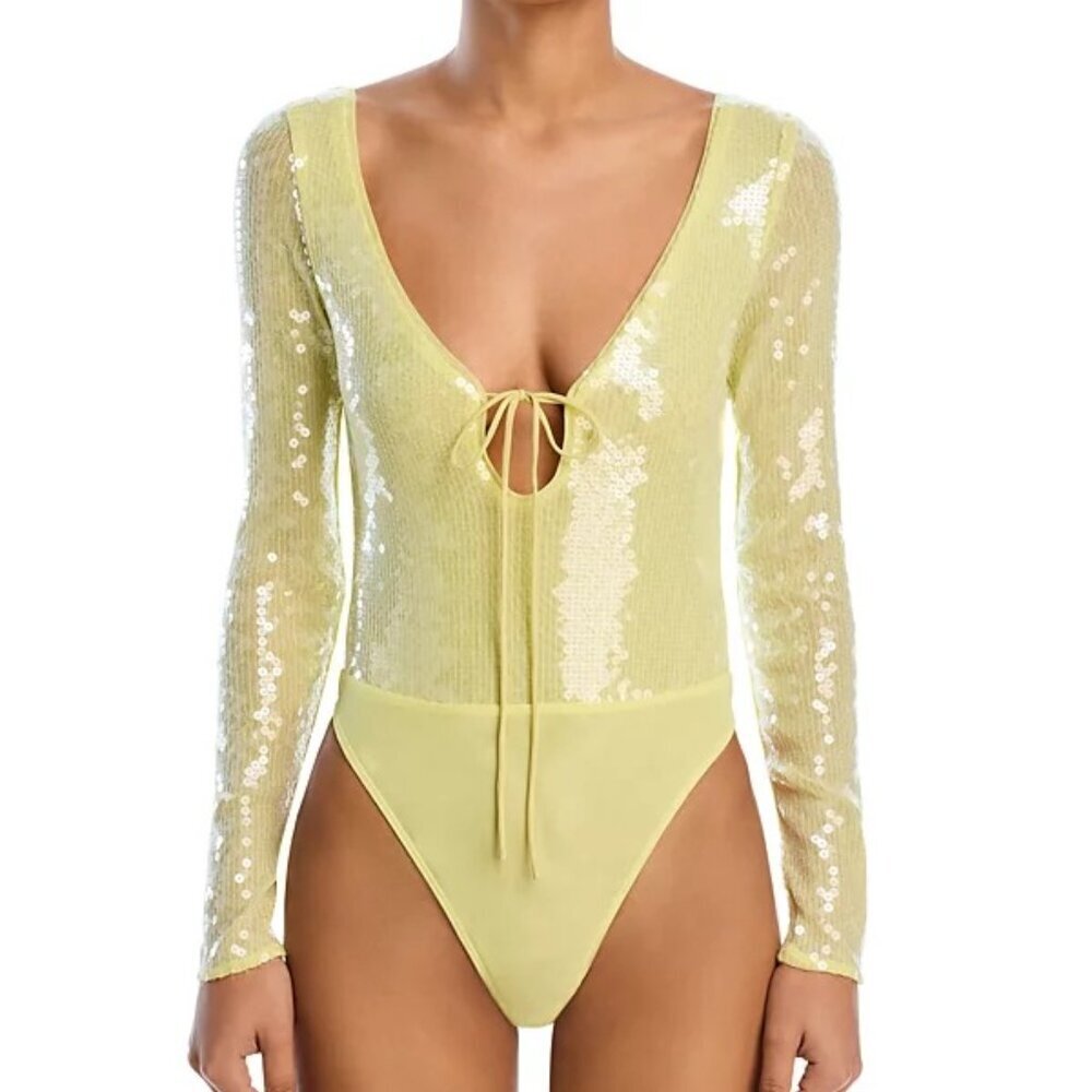 Bardot Verona Yellow Long Sleeves Open Back Sequined Bodysuit NWT Size 2